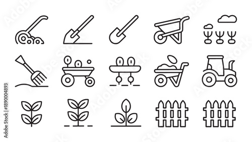 "Line-style icons of gardening and farming tools arranged in grid layout"