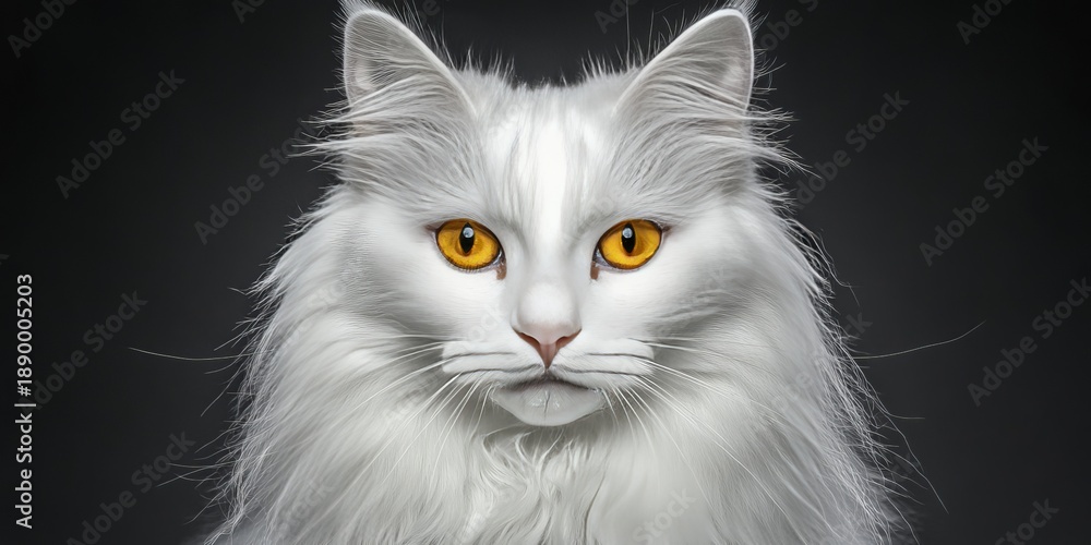 Fototapeta premium Elegant Long-Haired White Cat with Golden Eyes, Posing Gracefully Against Soft Gray Background