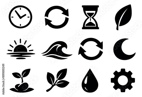 Glyph style icons set featuring elements of time, nature, and cycles for environmental and cyclical themes