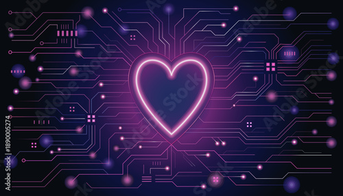 Futuristic  heart microchip with glowing circuits perfect for valentine's day