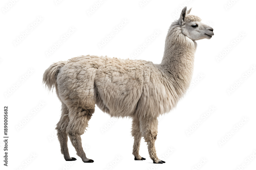 Fototapeta premium Realistic alpaca standing full body, fluffy farm animal, detailed fur texture, calm pose, isolated on transparent background, PNG, studio lighting, ultra realistic 