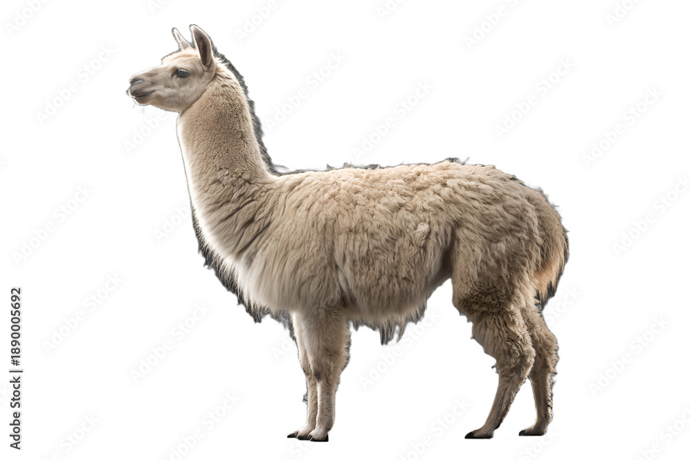 Fototapeta premium Realistic alpaca standing full body, fluffy farm animal, detailed fur texture, calm pose, isolated on transparent background, PNG, studio lighting, ultra realistic 