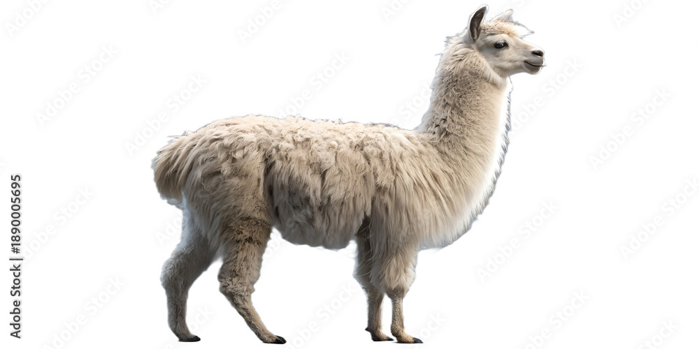 Fototapeta premium Realistic alpaca standing full body, fluffy farm animal, detailed fur texture, calm pose, isolated on transparent background, PNG, studio lighting, ultra realistic 