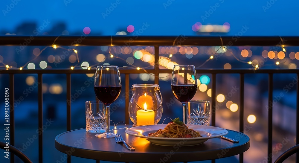 Naklejka premium Romantic Balcony Dinner Setting at Dusk with Wine and Pasta romantic dinner city lights