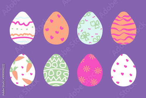 Pastel Easter Egg Clipart Set – Cute Decorative Spring Eggs, Hearts, Carrots, Floral Doodle Pattern Vector Collection