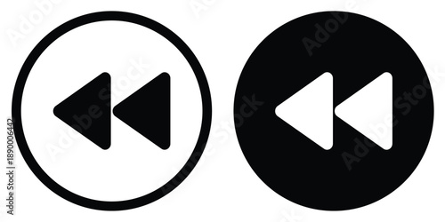   
Minimalist rewind icon with dual left-pointing triangles in black and white, ideal for media control, UI design, or playback interface visuals.