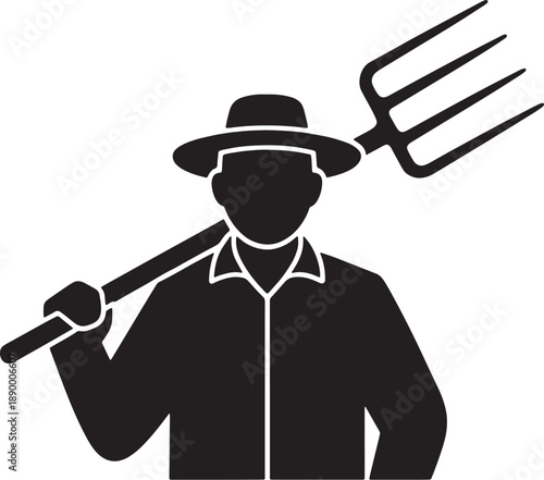 Black silhouette of a farmer wearing a hat and holding a pitchfork over his shoulder