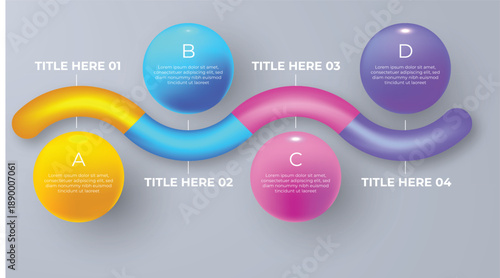 4-Step 3D Business Timeline Infographic. Vector S-Curve Process Flow with Colorful Spheres and Numbered Modern Banners
