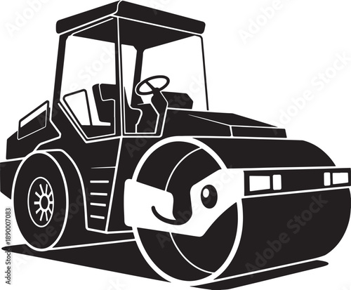 Cartoon steamroller with smiling face and big roller on white background road roller