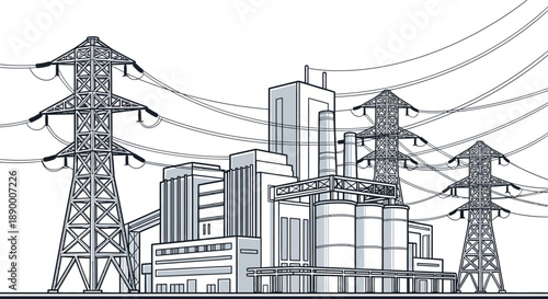 Outline illustration of a modern industrial power plant with high voltage electricity transmission towers and intricate power lines, representing energy generation and distribution infrastructure