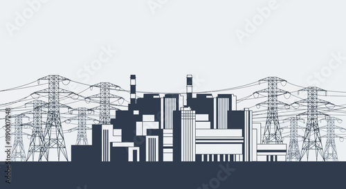 Vector illustration depicting a modern industrial power plant complex with high-voltage electricity pylons, symbolizing vital energy generation and crucial grid infrastructure for a thriving economy
