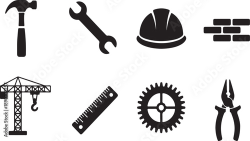 Collection of black construction and repair tool on white background hammer wrench
