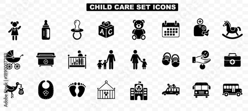 A Collection of Black and White Icons Representing Child Care Services, Baby Items, and Educational Facilities