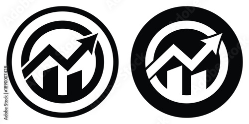 Circular business growth icons featuring upward arrows and bar charts. Professional symbols for financial success, market analysis, and rising profits.