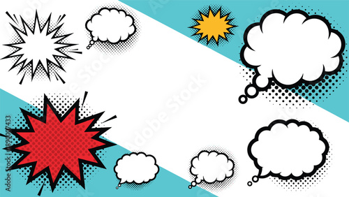 Set of colorful comic book style speech bubbles and explosive starbursts arranged on a diagonal white and light blue background for creative designs.
