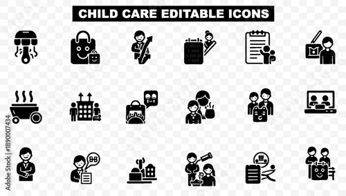 Collection of Editable Childcare Icons Featuring Diverse Activities and Services for Children's Development and Care