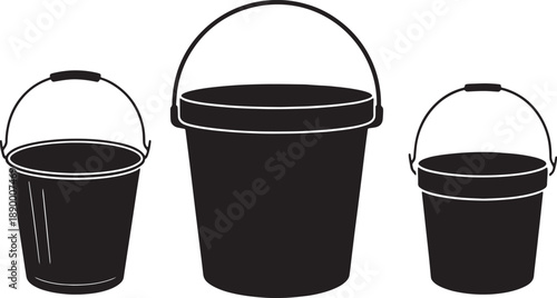 Three black silhouette buckets of varying sizes with handles on a white background