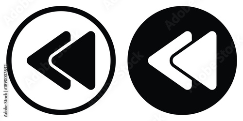 Vector flat icon of a double left arrow or fast backward symbol. Minimalist media player control button for rewind, previous track, and video navigation in black and white.
