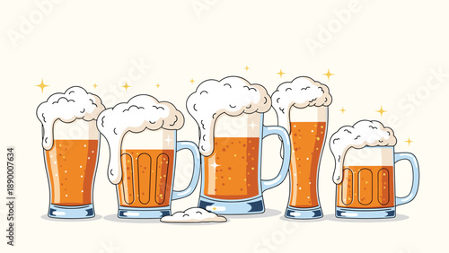 Group of five different beer glasses filled with golden amber liquid and topped with thick white frothy foam and sparkling star details.