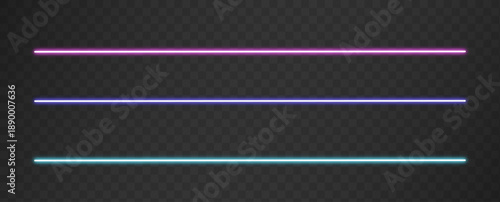 Three straight neon glowing lines in purple, blue, and turquoise colors on a dark background. Futuristic laser beam light effect with a clean techno style.