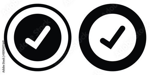 Minimalist check mark icon inside a circle. Symbol for success, completion, and approved verification. Vector illustration in black and white versions for UI/UX design and business apps.