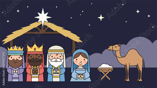 Cute cartoon nativity scene featuring the three wise men, Mary, baby Jesus in a manger, and a camel under a stable with the star of Bethlehem.