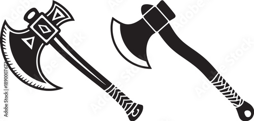 Two black stylized battle axes with decorative handles on a white background medieval