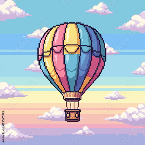 Pixel Art Hot Air Balloon Drifting Through a Pastel Sky with Clouds