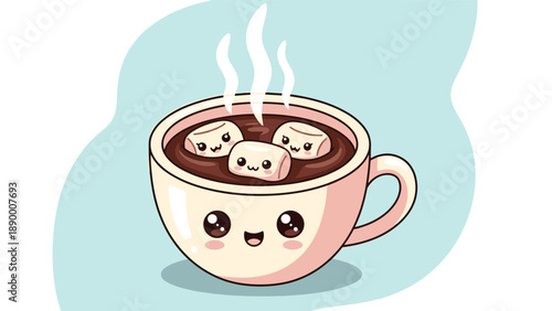 Adorable illustration of a mug of hot chocolate with three cute smiling marshmallow characters floating on the surface with steam rising.