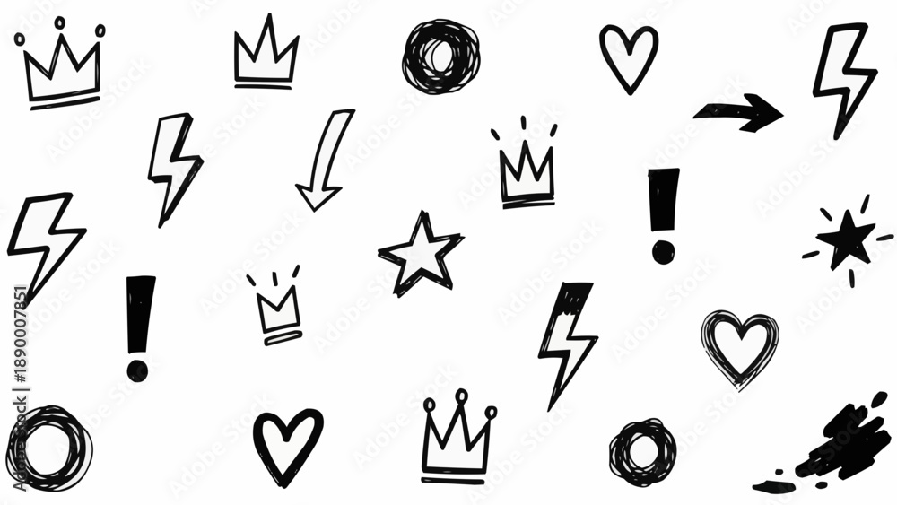 Fototapeta premium Collection of hand drawn crown heart and exclamation icons in black