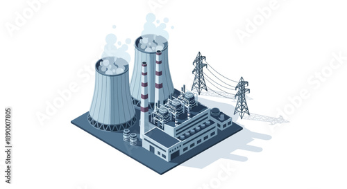 Isometric illustration of an industrial power plant featuring large cooling towers and electricity pylons, symbolizing energy generation, factory infrastructure, and modern technology