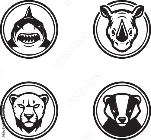 Powerful Animal Mascots A Collection of Four Circular Black and White Emblems Featuring a Shark, Rhino, Cheetah, and Badger 