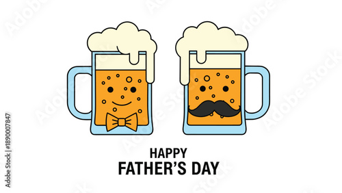 Festive Father's Day illustration featuring two clinking beer mugs with smiling faces and a mustache representing a son and a father.
