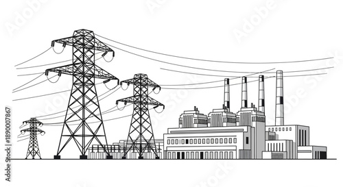 Line art illustration of a power plant and electricity transmission towers, representing energy production, industrial infrastructure, and utility distribution systems