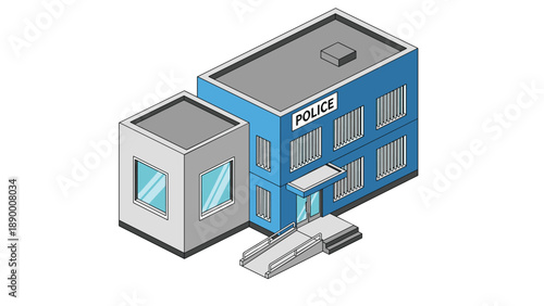 Isometric architectural illustration of a modern blue police station building with an entrance ramp and barred windows.