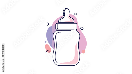 Baby feeding bottle illustration with a pink tint on a soft abstract background with colorful fluid shapes and artistic dots.