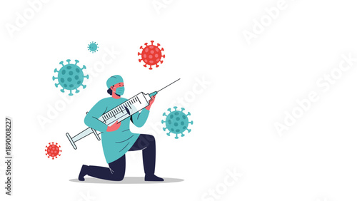 Medical professional fighting viruses with a large syringe representing vaccination, immunity, and prevention of diseases.