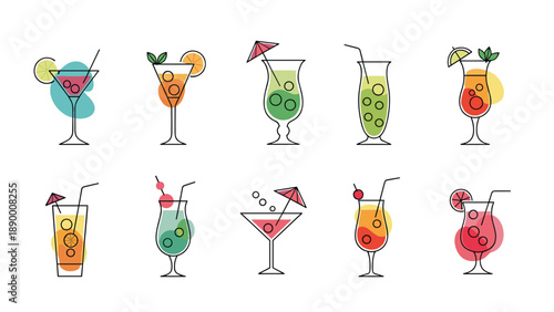 Collection of colorful cocktail glass icons with various garnishes and umbrellas for summer party, bar, and restaurant menus.