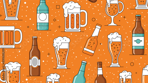 Seamless pattern featuring various beer bottles and foaming mugs on a vibrant orange background with white bubbles and dots.