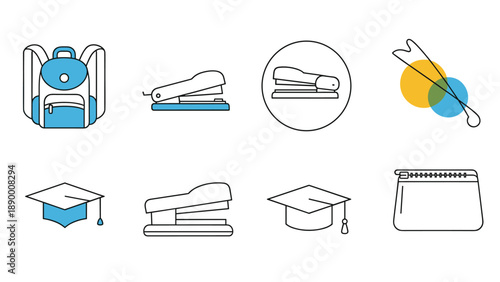 Set of blue and white school supply icons including a backpack, stapler, graduation cap, and pencil case for education themes.