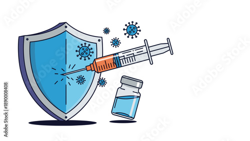 Protective shield blocking viruses with a syringe and vaccine vial for immunity, safety, and health protection concepts.