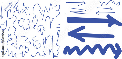 Hand drawn blue arrows collection on transparent background