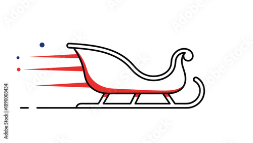 Christmas sleigh moving quickly across the snow leaving red and blue motion trails in a simple flat holiday illustration.