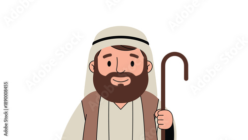 Friendly shepherd character in traditional middle eastern clothing holding a wooden staff for biblical and rural stories.