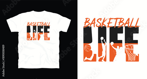 Basketball life t-shirt design with player silhouettes and basket hoop graphic