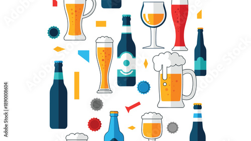 Collection of colorful beer bottles and glasses in flat style with foam and bottle caps isolated on a clean white background.