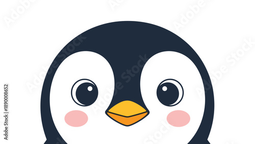 Close-up illustration of a cute cartoon penguin face with large expressive eyes and pink cheeks on a white background.