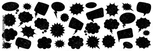 Grunge comic speech bubbles with brush strokes, ink smudges, acrylic stains or charcoal streaks. Hand drawn retro cartoon stickers. Chatting, message box. Vector illustration