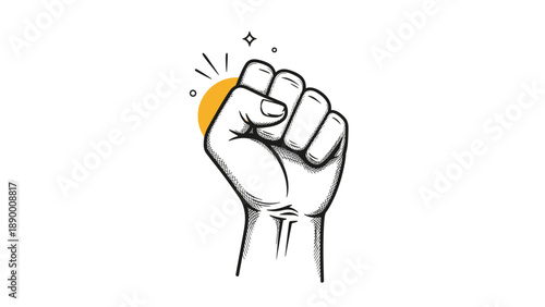 Powerful black and white sketch of a clenched fist raised in solidarity with a yellow sun icon on a white background.