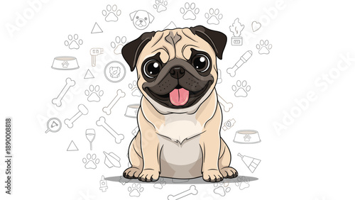 Adorable pug dog illustration sitting in the center surrounded by a pattern of dog bones, paw prints, and bowls.